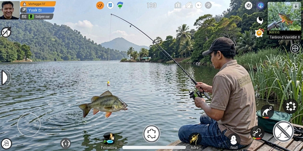 Tampilan gameplay API33 yang menarik saat pemain menangkap ikan.
