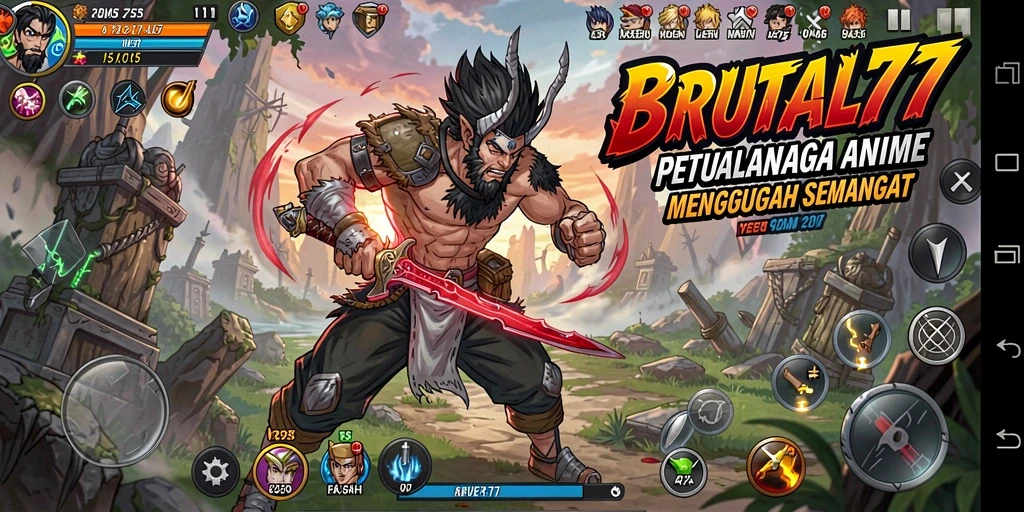 Tampilan gameplay menakjubkan dari BRUTAL77 yang menunjukkan aksi anime.