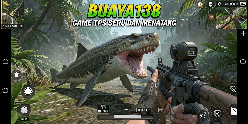 Screenshot gameplay utama BUAYA138 menampilkan aksi tembak-menembak yang intens.