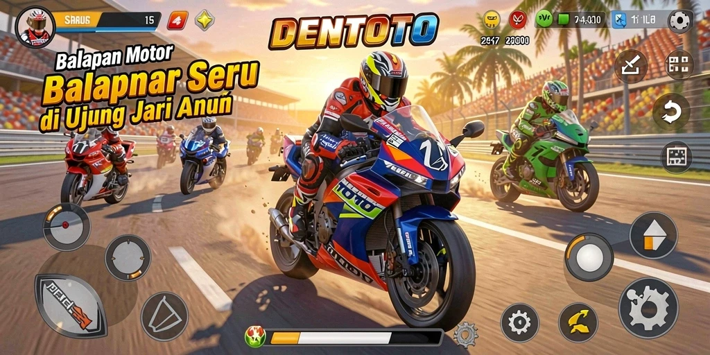 Screenshot utama DENTOTO menampilkan aksi balapan motor yang intens.
