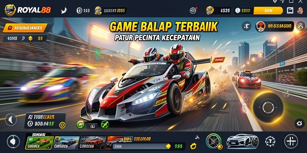 Tampilan gameplay ROYAL88 yang menampilkan balapan seru dan mobil tercepat.