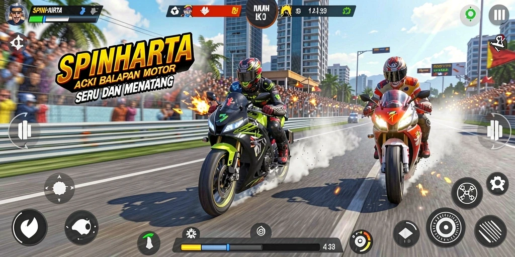 Gameplay SPINHARTA dengan balapan motor yang mendebarkan.