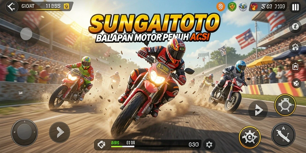 Gameplay SUNGAITOTO dengan aksi balapan motor yang mendebarkan.